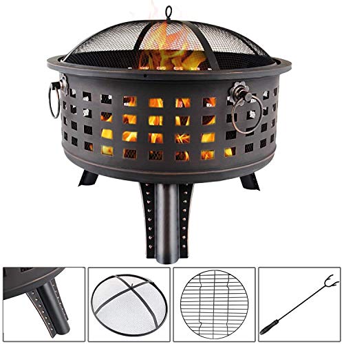 Wegi King Fire Pit26 Round Metal Burning Pit  Raised Portable Fire Pit Accessories Fire Bowl Burn Grill Fireplace with Cover Lattice Stand for Outdoor BBQ Patio Garden Backyard Party